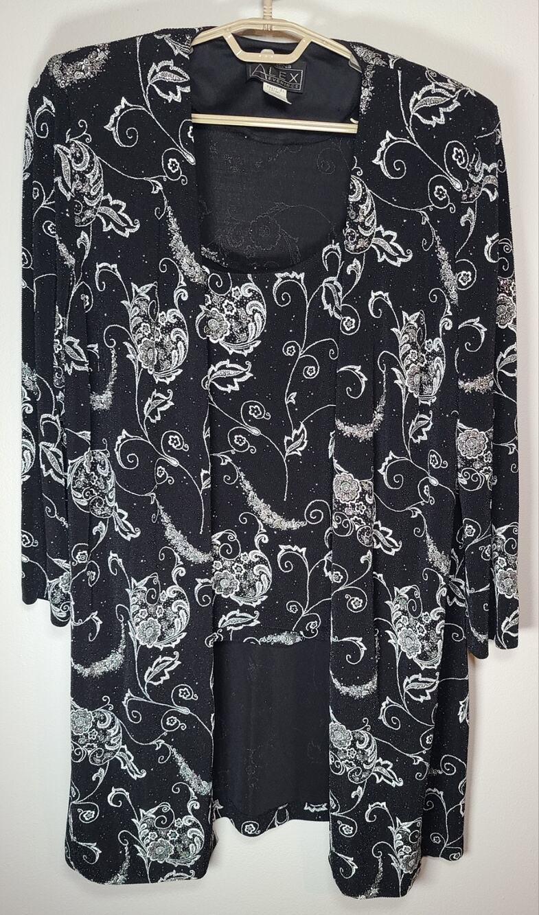Alex Evenings Plus Women Black/Silver Glitter Floral Print Tank & Duster Set 2X